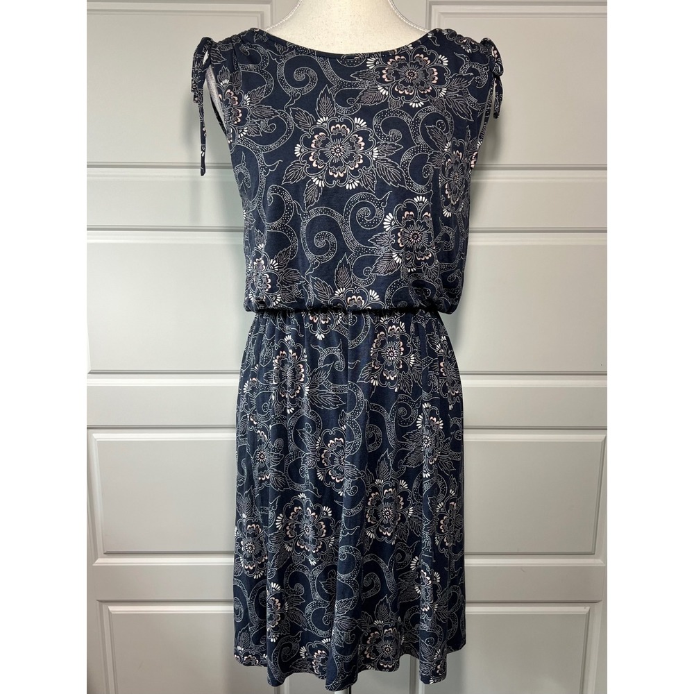 LOFT Outlet Blue Floral Tie Shoulder Elastic Waist‎ Knee Length Dress Size S